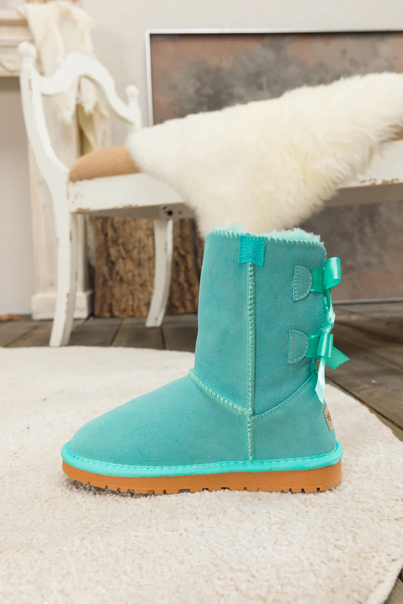 Smaibulun Ugg | Double Ballet Ribbon Bow Suede Shearling Boots - Turquoise - Image 8