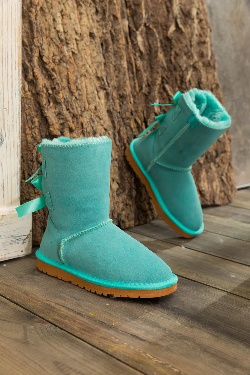 Smaibulun Ugg | Double Ballet Ribbon Bow Suede Shearling Boots - Turquoise - Image 9