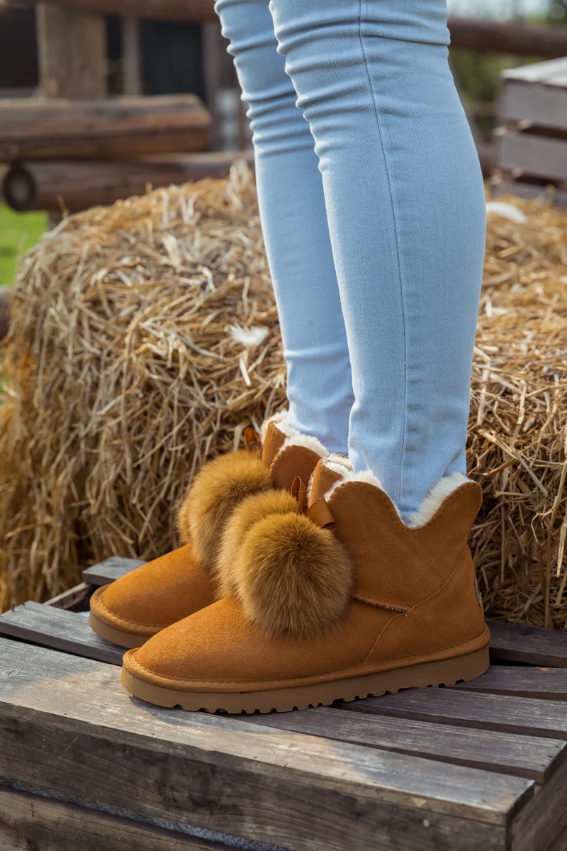 SMAIBULUN Ugg | Faux Fur Balls Suede Boot - Chestnut - Image 4