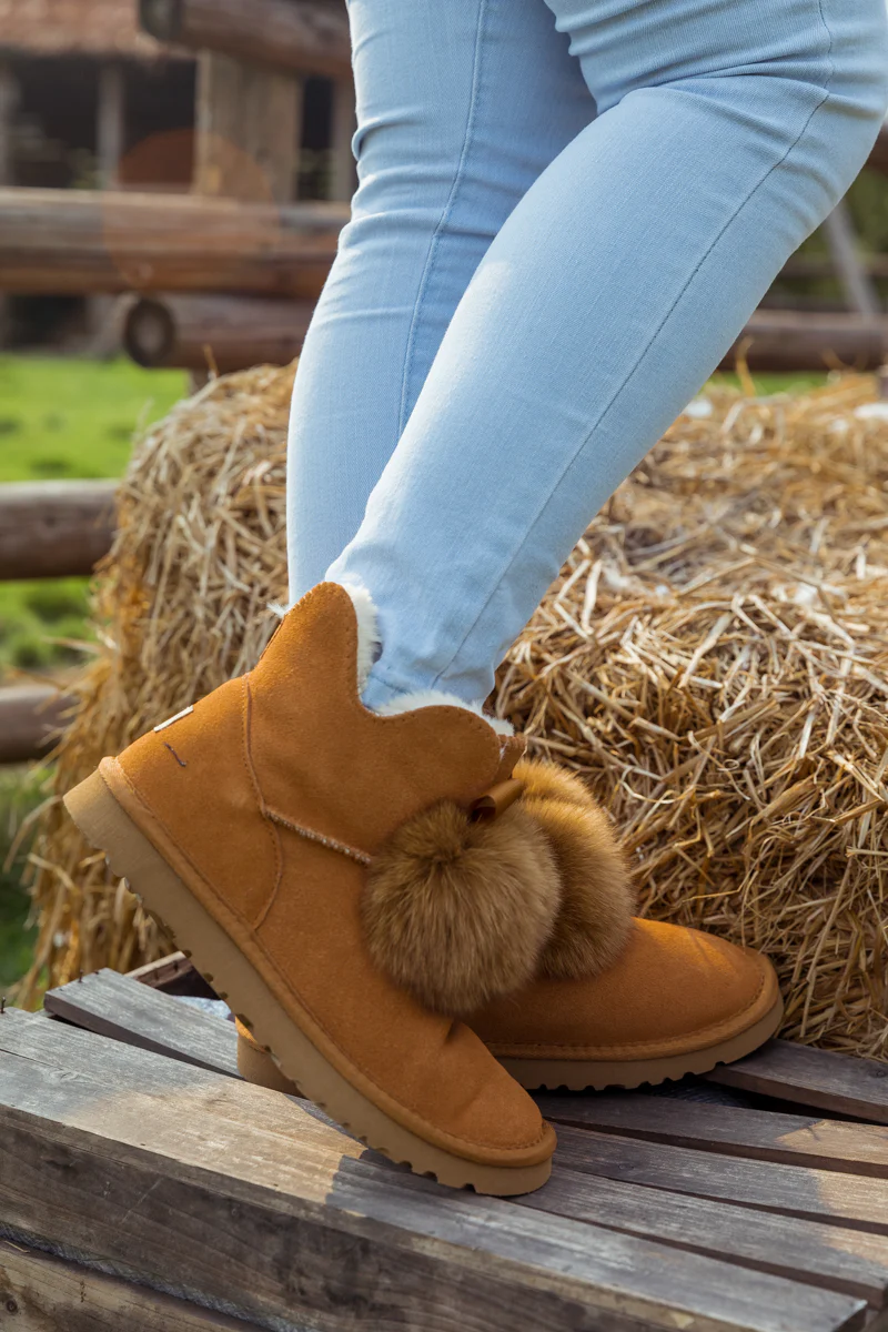 SMAIBULUN Ugg | Faux Fur Balls Suede Boot - Chestnut - Image 5