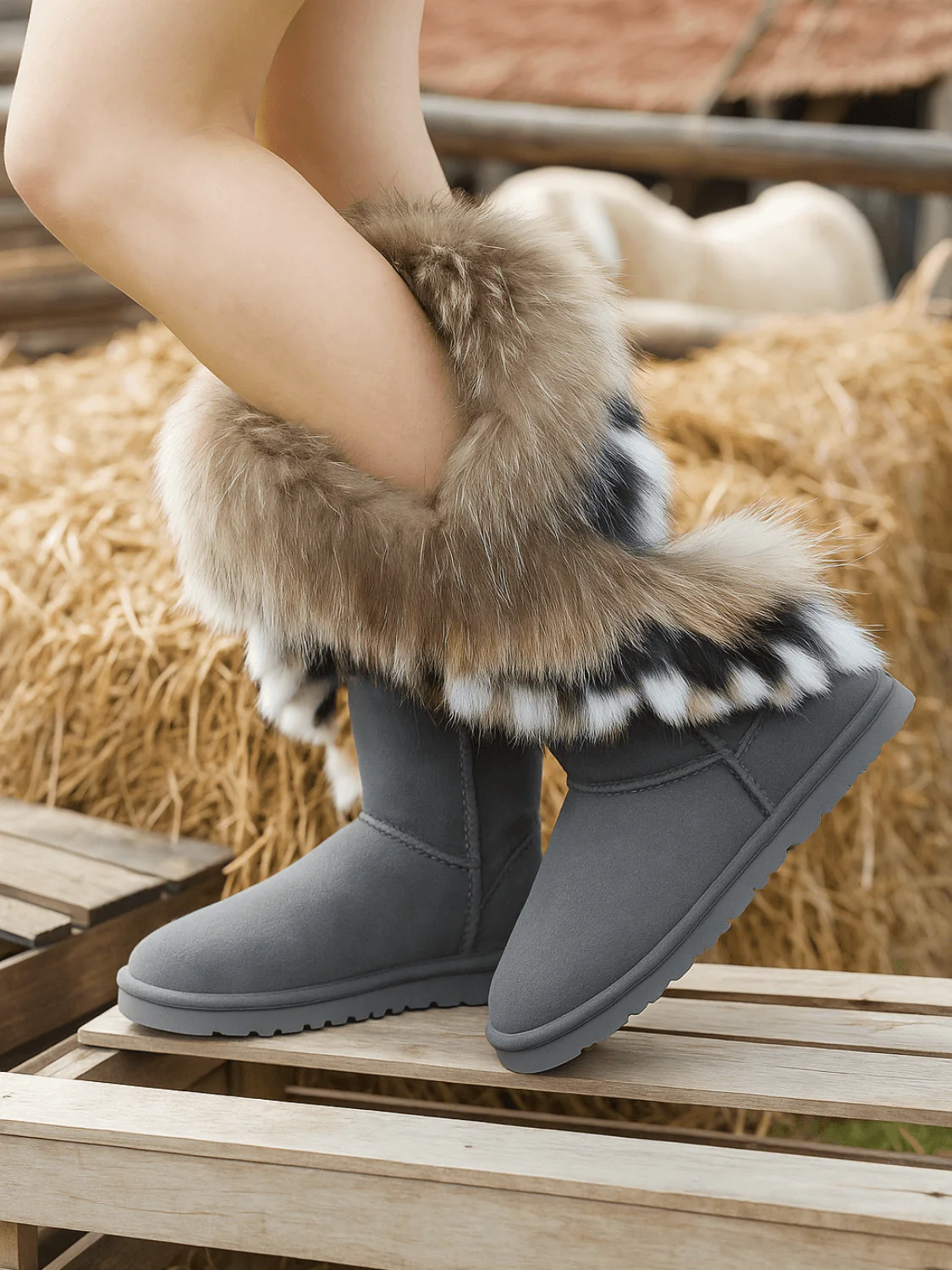 SMAIBULUN Ugg | Faux Fur Wool Lined Grazing Calf Boots - grey - Image 2