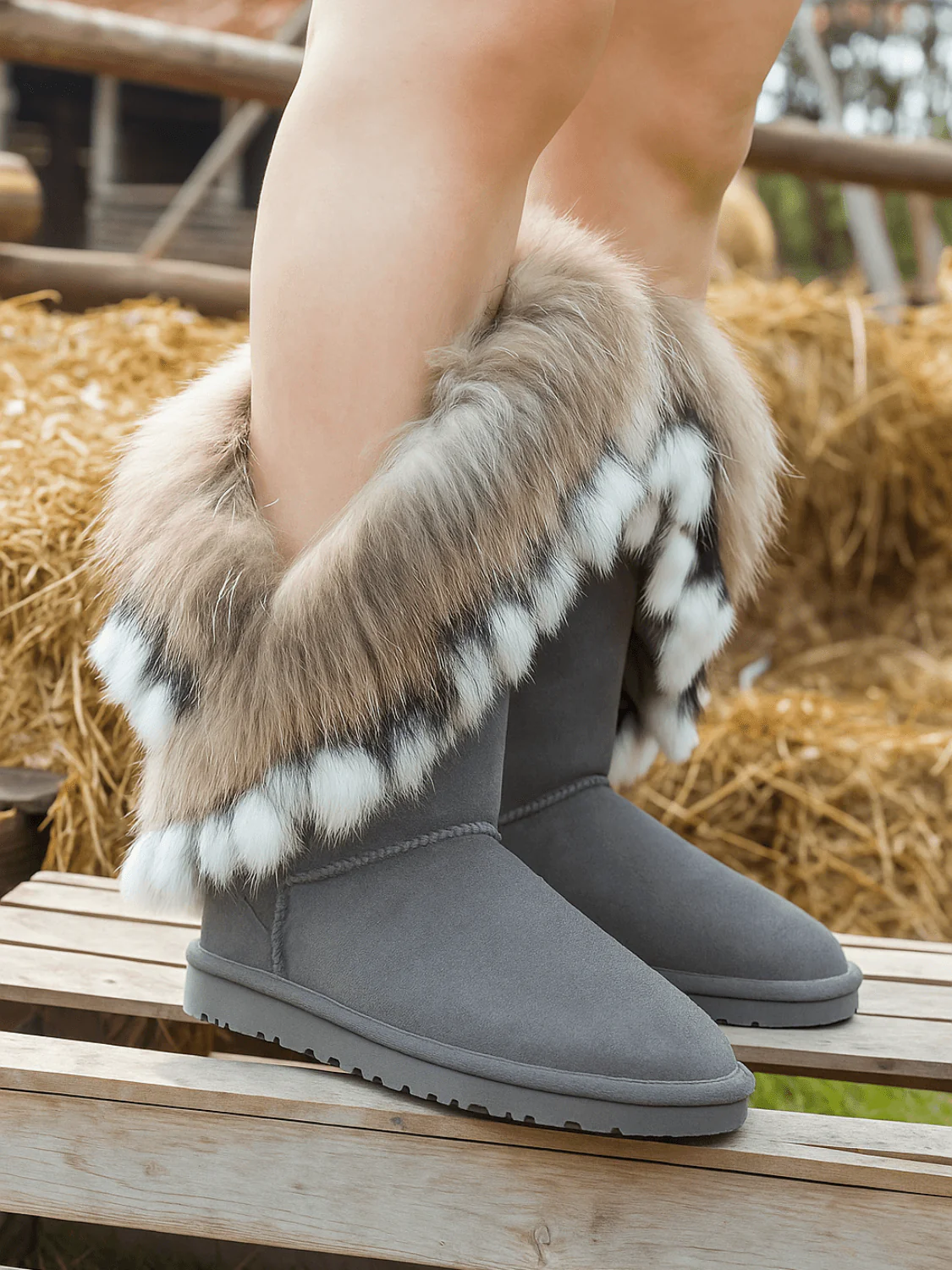 SMAIBULUN Ugg | Faux Fur Wool Lined Grazing Calf Boots - grey - Image 3
