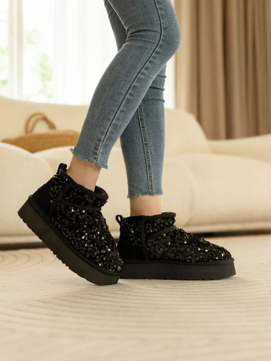 Smaibulun Ugg | Mini Glitter Low Ankle Platform Boots - Black - Image 2