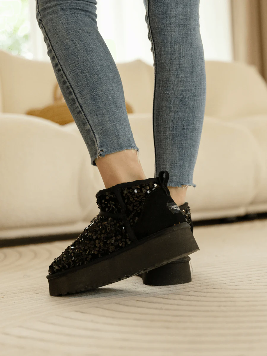 Smaibulun Ugg | Mini Glitter Low Ankle Platform Boots - Black - Image 6