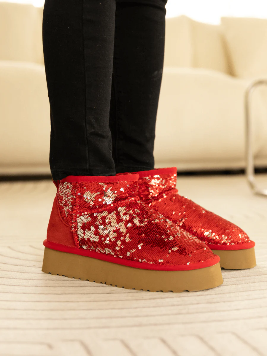 Smaibulun Ugg | Mini Glitter Low Ankle Platform Boots - Red - Image 2