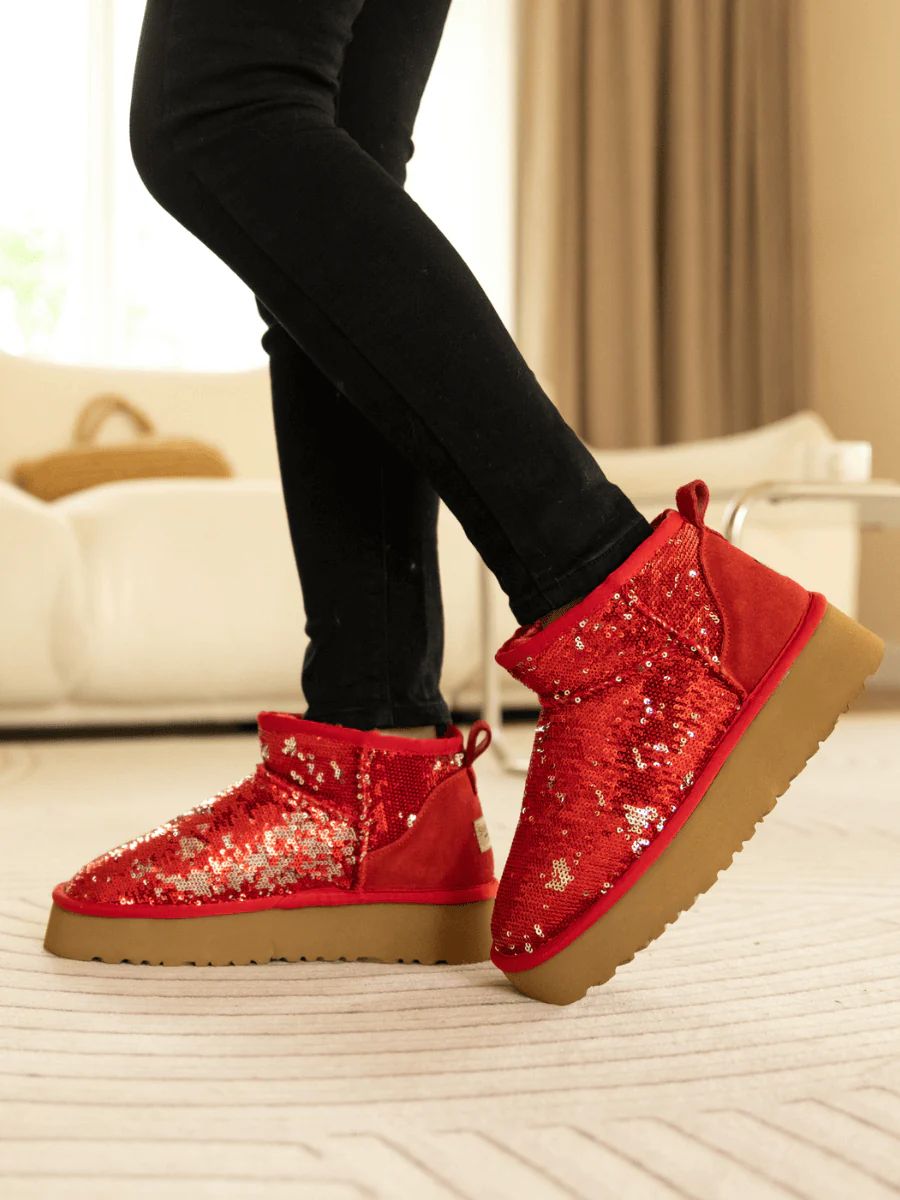 Smaibulun Ugg | Mini Glitter Low Ankle Platform Boots - Red - Image 3