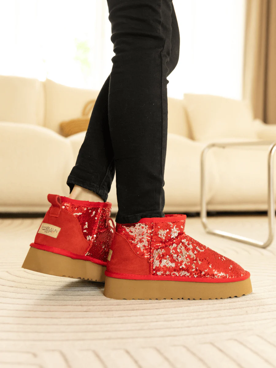 Smaibulun Ugg | Mini Glitter Low Ankle Platform Boots - Red - Image 4