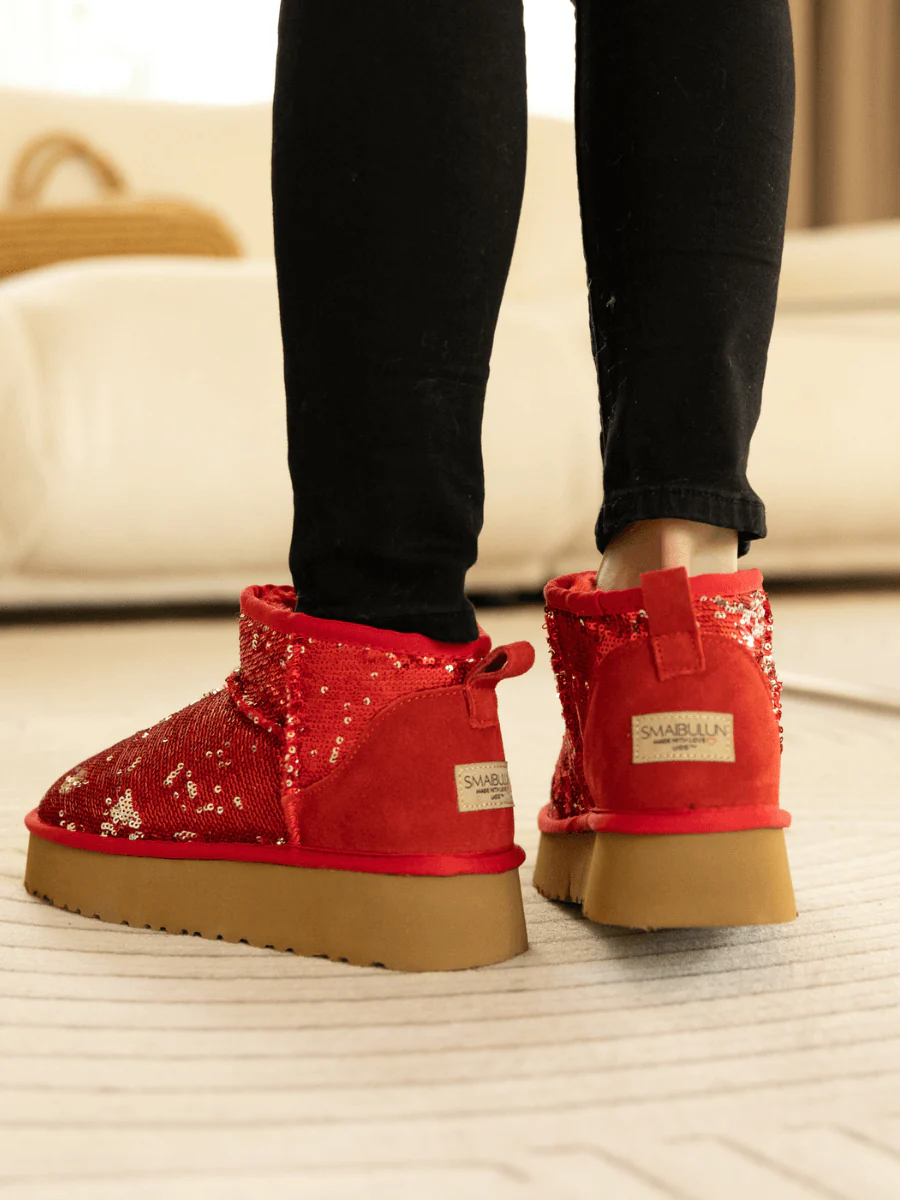 Smaibulun Ugg | Mini Glitter Low Ankle Platform Boots - Red - Image 5