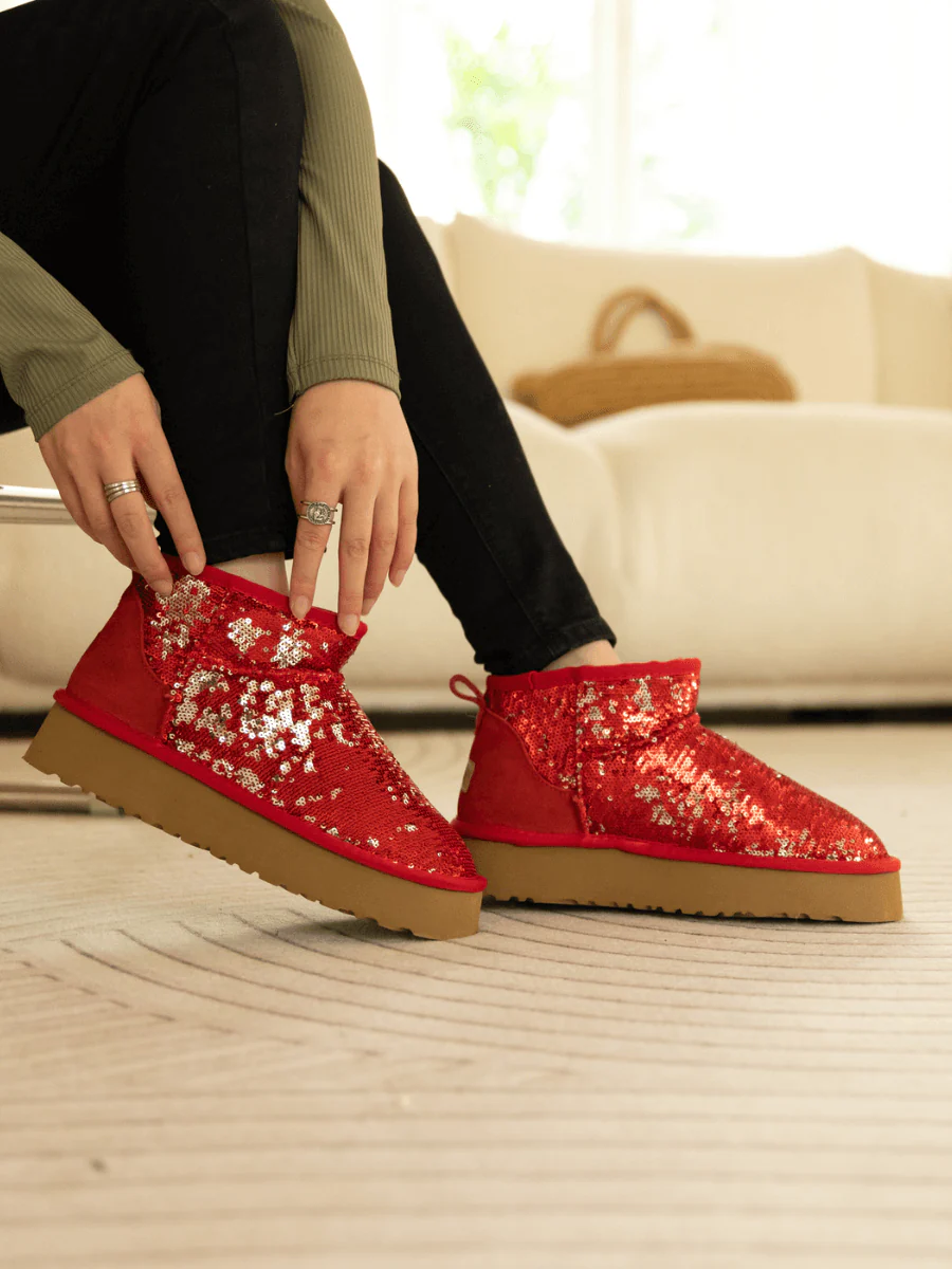 Smaibulun Ugg | Mini Glitter Low Ankle Platform Boots - Red - Image 6