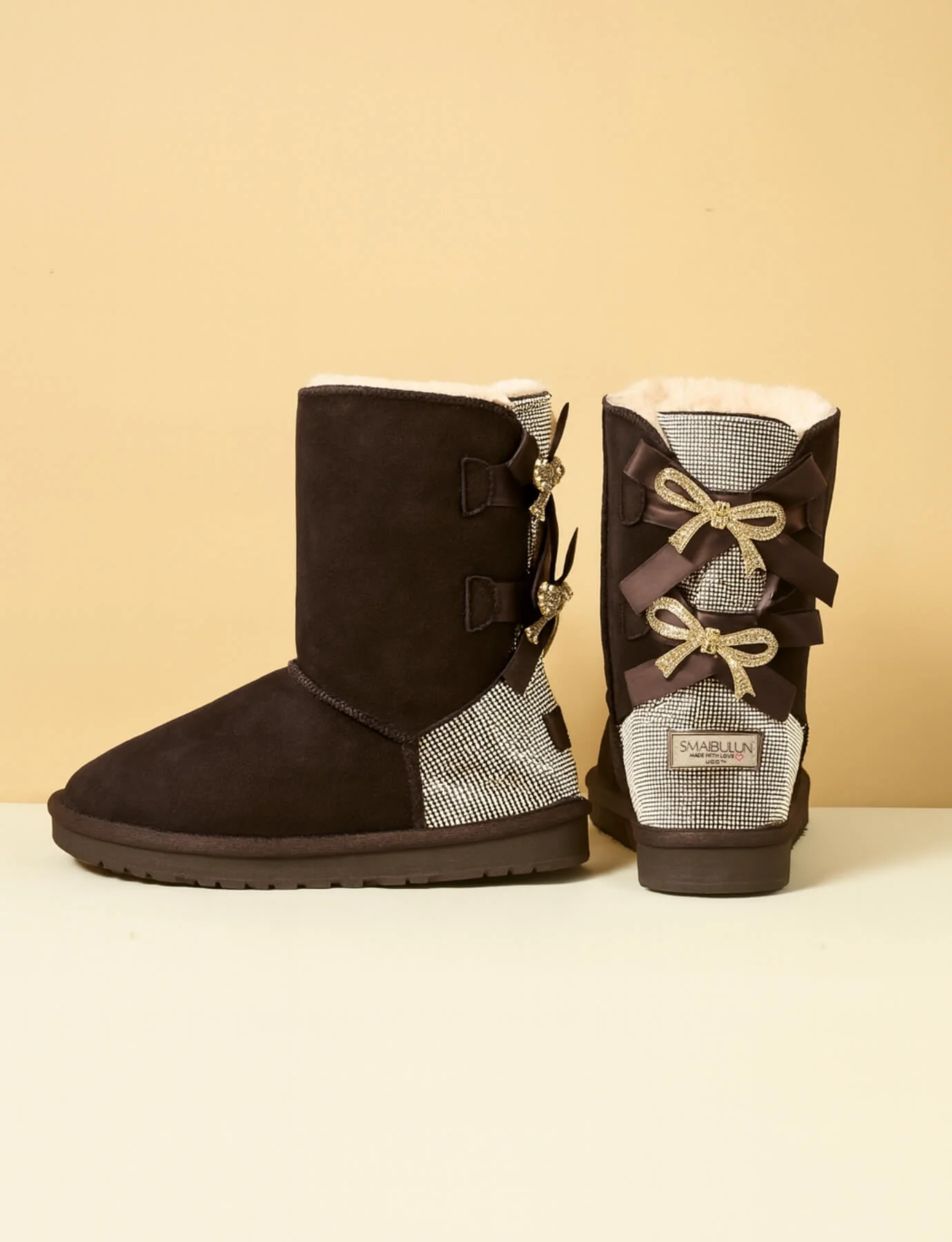SMAIBULUN Ugg | Rhinestone Dual Bailey Bow Glam Ugg Boots - chocolate - Image 6