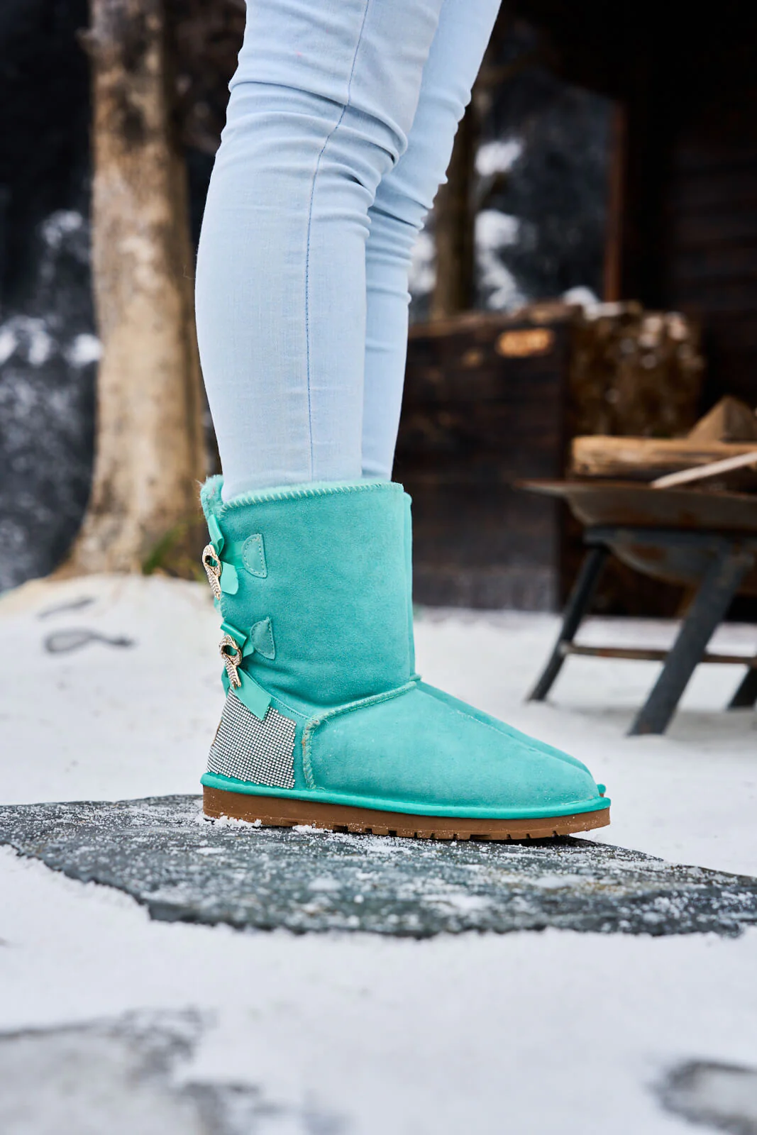 SMAIBULUN Ugg | Rhinestone Dual Bailey Bow Glam Ugg Boots - turquoise - Image 4