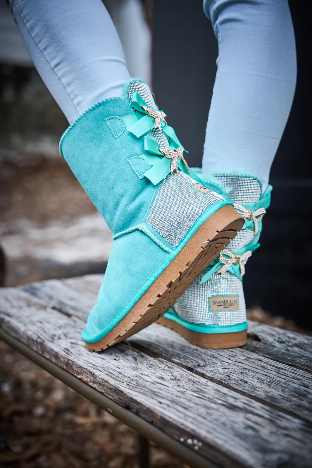 SMAIBULUN Ugg | Rhinestone Dual Bailey Bow Glam Ugg Boots - turquoise - Image 9