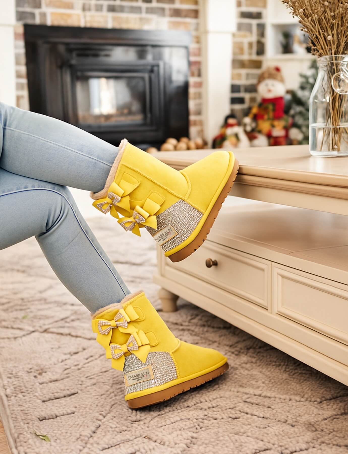 SMAIBULUN Ugg | Rhinestone Dual Bailey Bow Glam Ugg Boots - yellow - Image 2