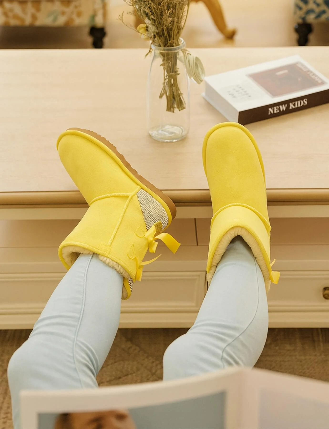 SMAIBULUN Ugg | Rhinestone Dual Bailey Bow Glam Ugg Boots - yellow - Image 3