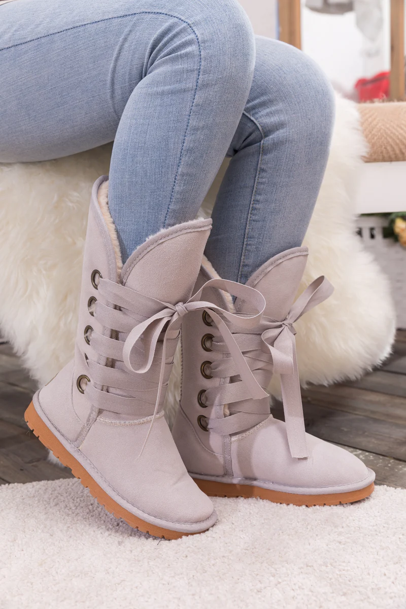 SMAIBULUN Ugg | Ribbon Lace-Up Faux Fur-lined Suede Boot - Ash - Image 2