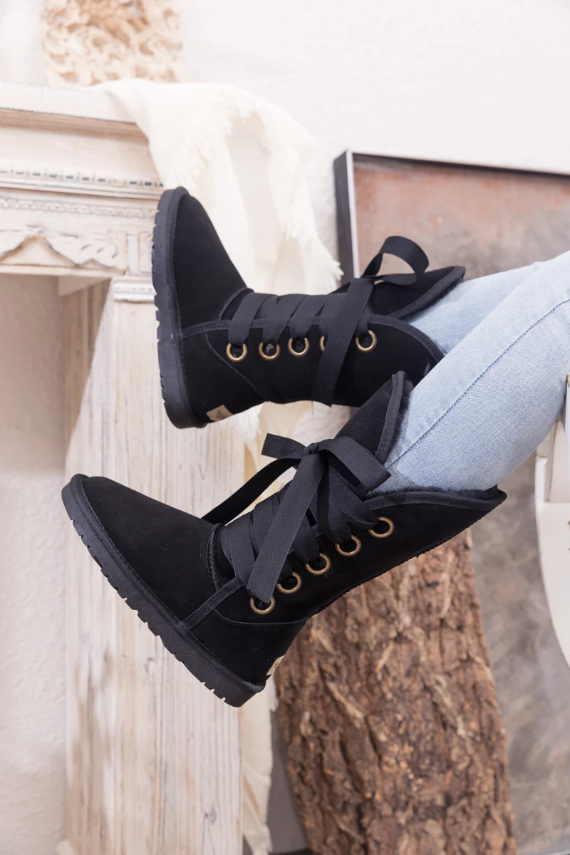 SMAIBULUN Ugg | Ribbon Lace-Up Faux Fur-lined Suede Boot - Black - Image 10