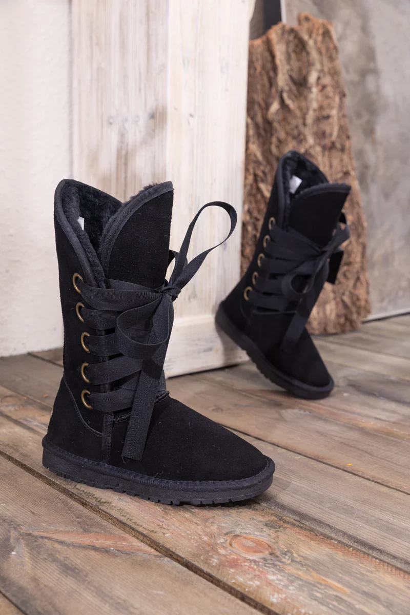 SMAIBULUN Ugg | Ribbon Lace-Up Faux Fur-lined Suede Boot - Black - Image 11