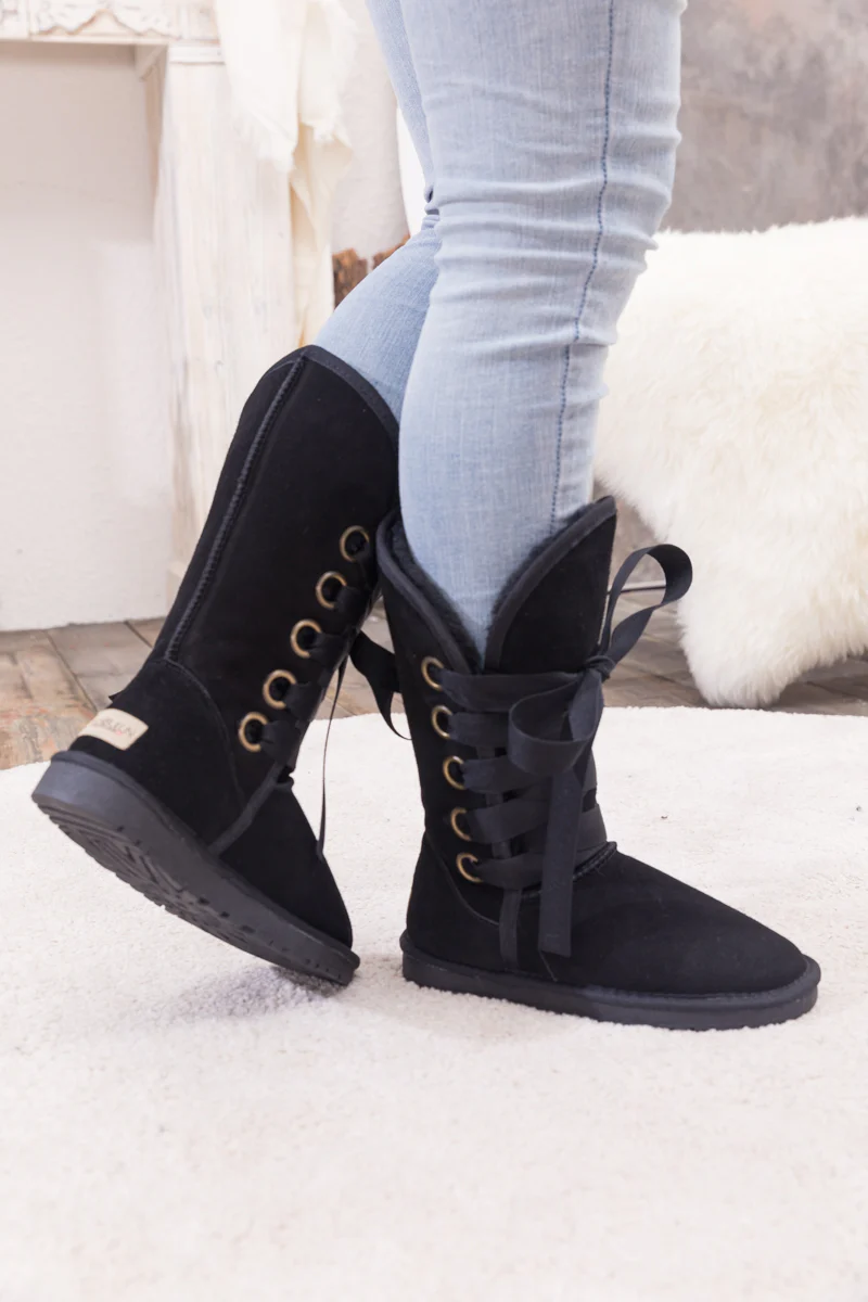 SMAIBULUN Ugg | Ribbon Lace-Up Faux Fur-lined Suede Boot - Black - Image 12