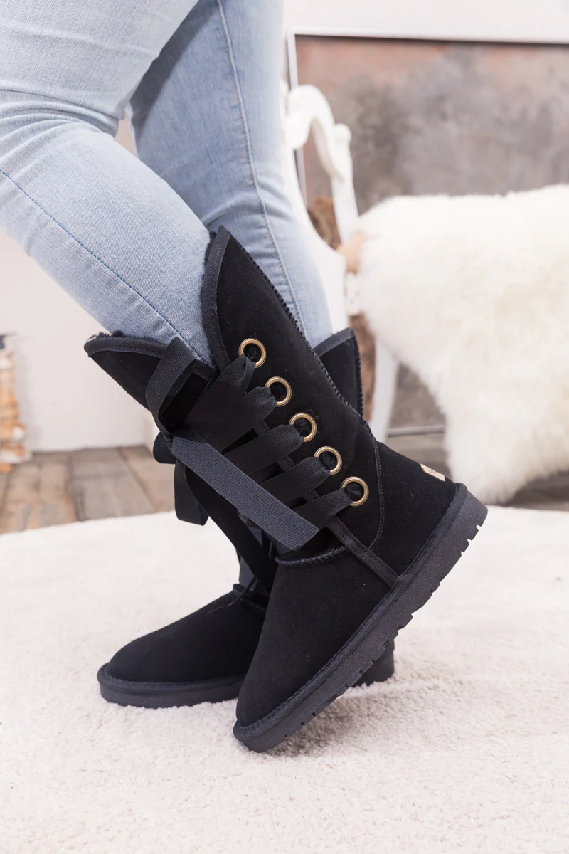 SMAIBULUN Ugg | Ribbon Lace-Up Faux Fur-lined Suede Boot - Black - Image 3