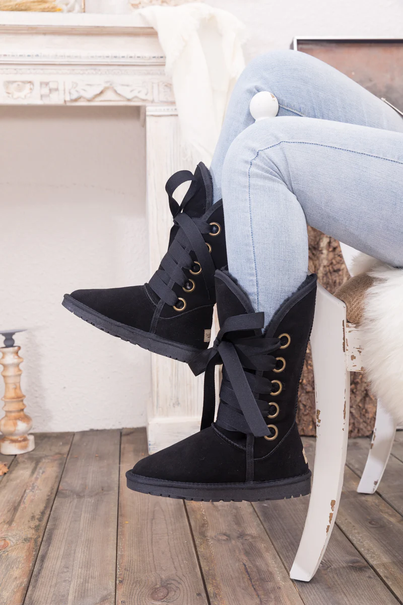 SMAIBULUN Ugg | Ribbon Lace-Up Faux Fur-lined Suede Boot - Black - Image 5