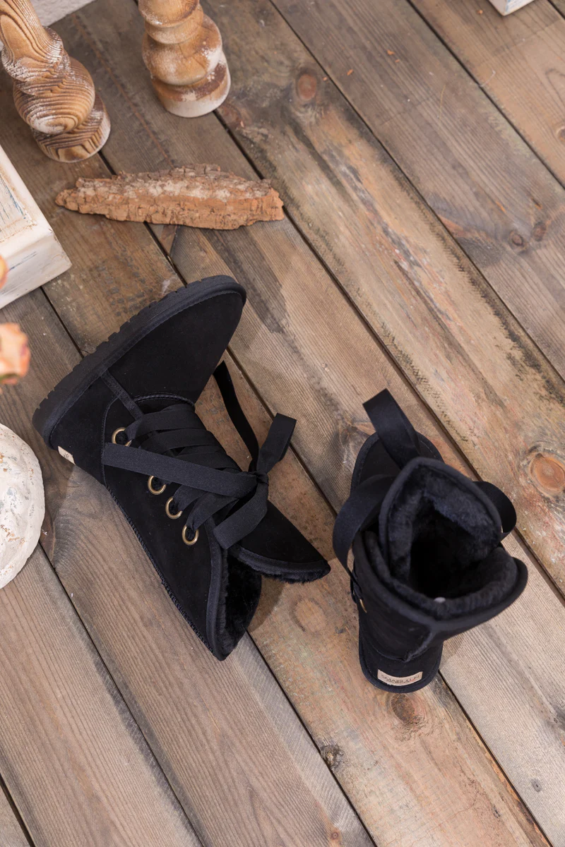 SMAIBULUN Ugg | Ribbon Lace-Up Faux Fur-lined Suede Boot - Black - Image 9