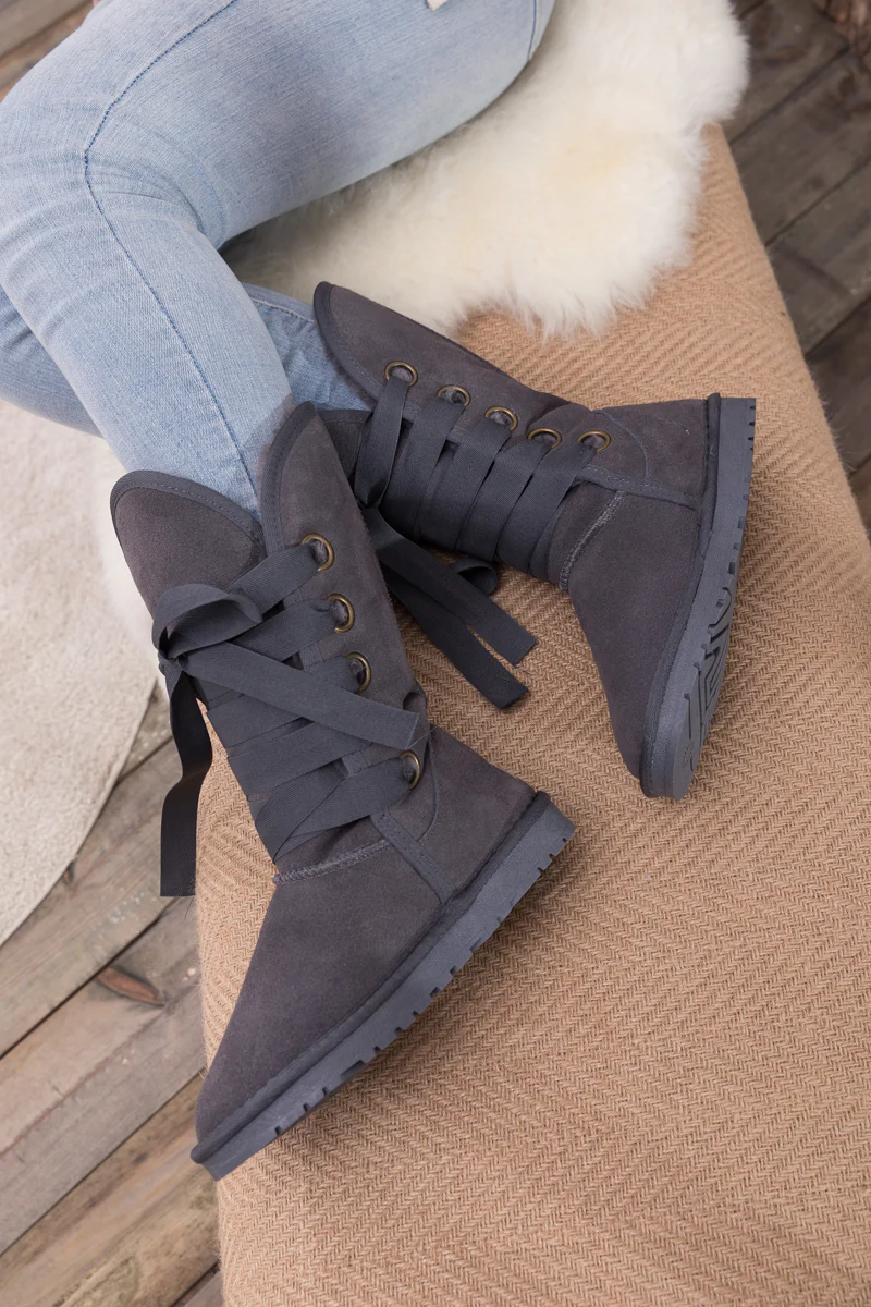 SMAIBULUN Ugg | Ribbon Lace-Up Faux Fur-lined Suede Boot - Charcoal - Image 10