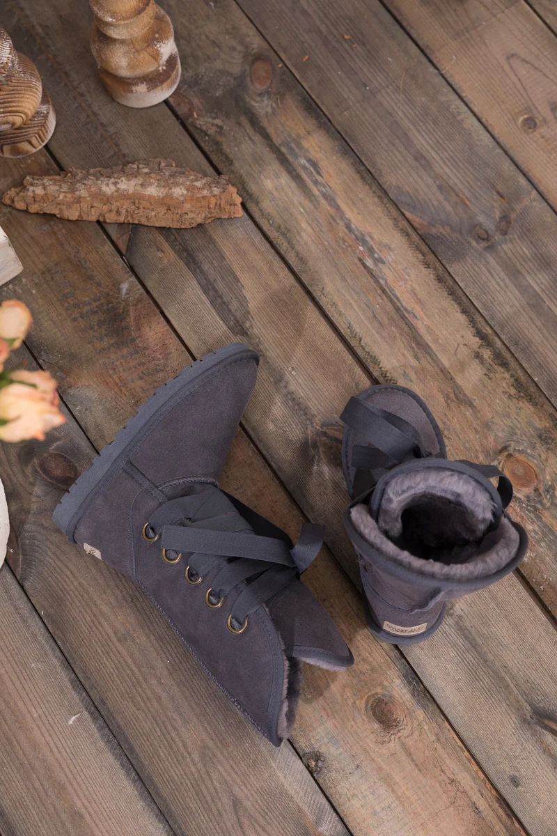 SMAIBULUN Ugg | Ribbon Lace-Up Faux Fur-lined Suede Boot - Charcoal - Image 11