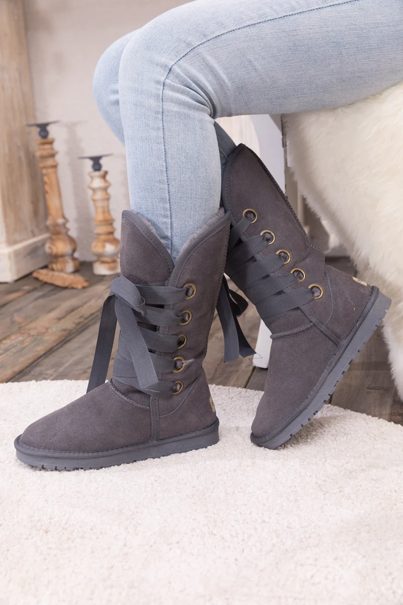 SMAIBULUN Ugg | Ribbon Lace-Up Faux Fur-lined Suede Boot - Charcoal - Image 12