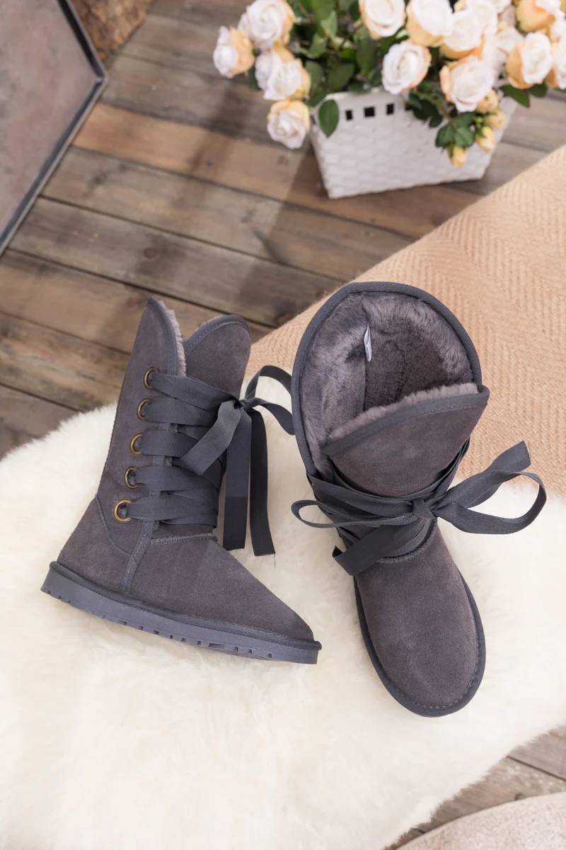 SMAIBULUN Ugg | Ribbon Lace-Up Faux Fur-lined Suede Boot - Charcoal - Image 2