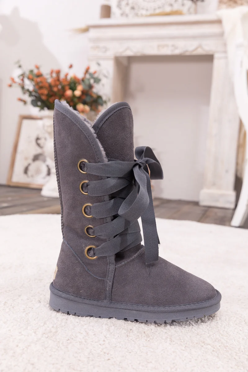 SMAIBULUN Ugg | Ribbon Lace-Up Faux Fur-lined Suede Boot - Charcoal - Image 3
