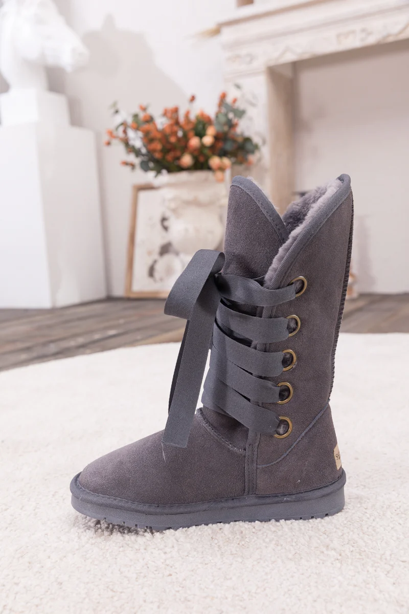 SMAIBULUN Ugg | Ribbon Lace-Up Faux Fur-lined Suede Boot - Charcoal - Image 4