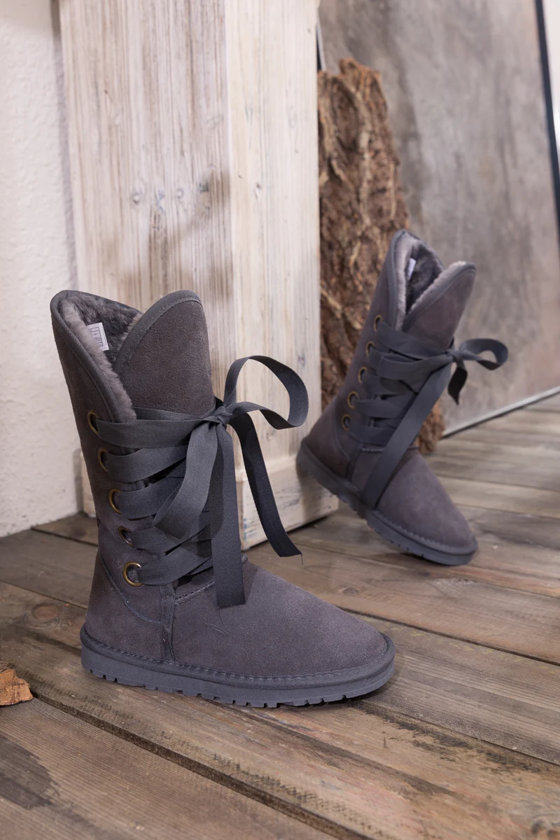 SMAIBULUN Ugg | Ribbon Lace-Up Faux Fur-lined Suede Boot - Charcoal - Image 5