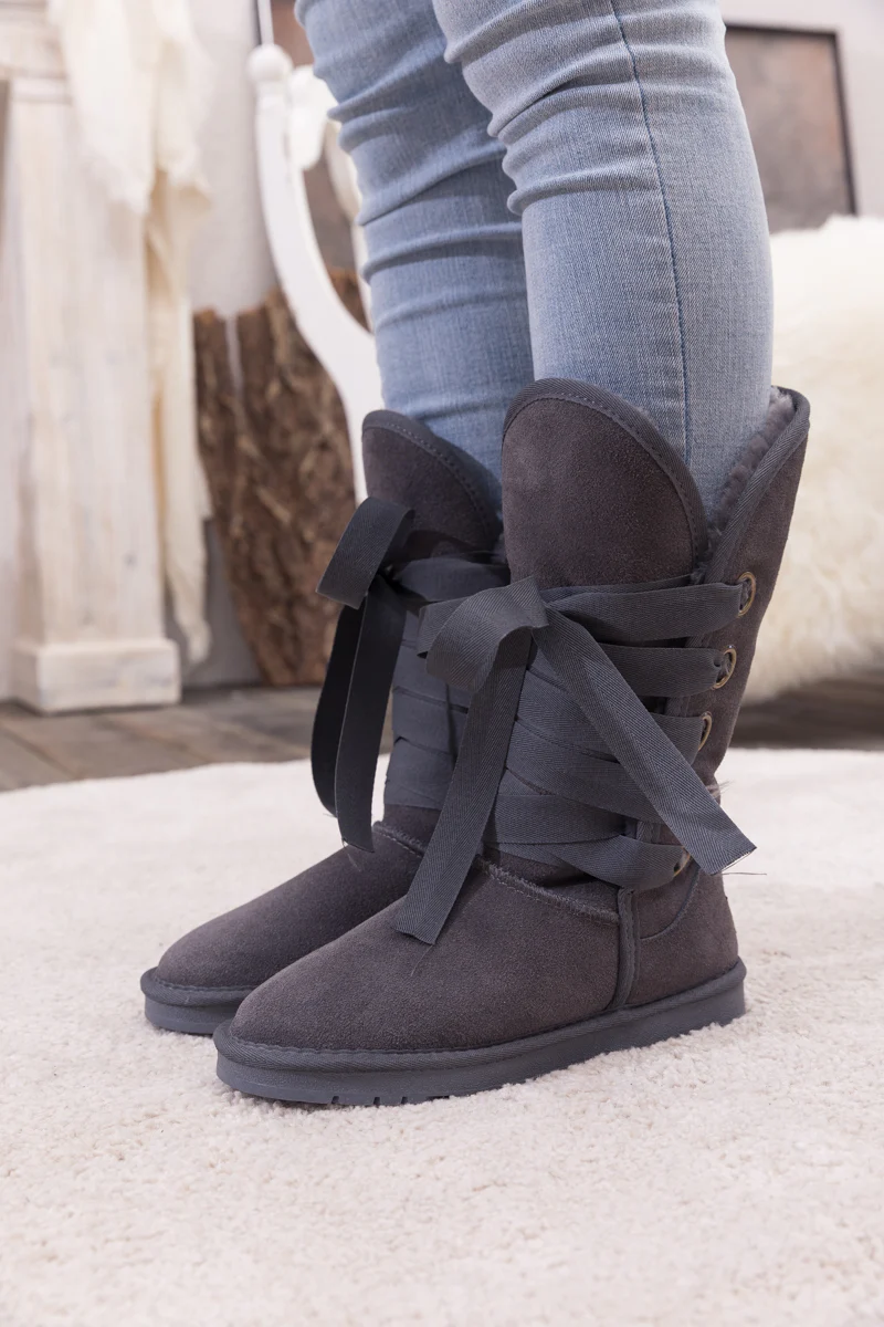SMAIBULUN Ugg | Ribbon Lace-Up Faux Fur-lined Suede Boot - Charcoal - Image 8