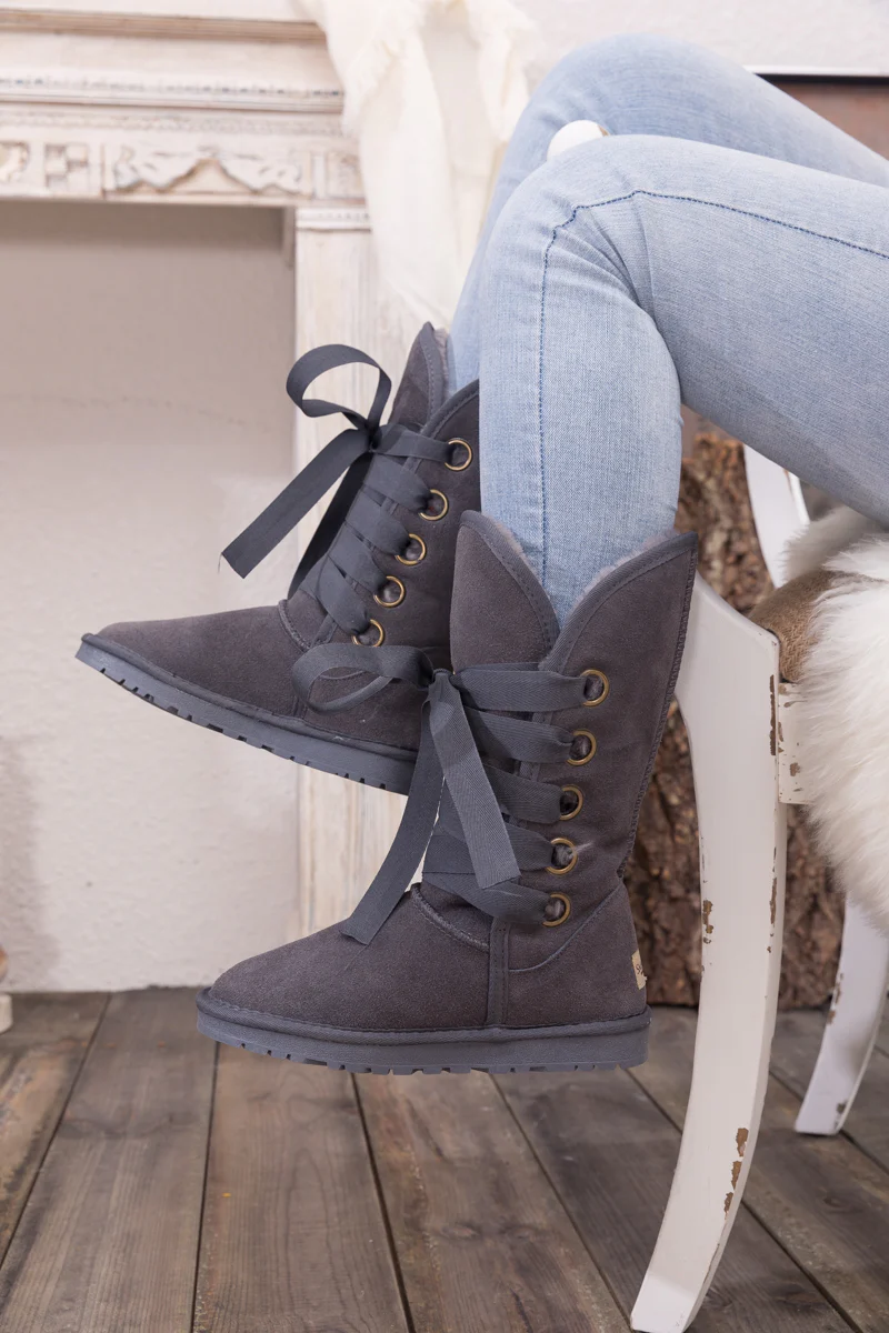 SMAIBULUN Ugg | Ribbon Lace-Up Faux Fur-lined Suede Boot - Charcoal - Image 9