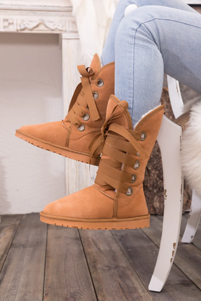 SMAIBULUN Ugg | Ribbon Lace-Up Faux Fur-lined Suede Boot - Chestnut - Image 12