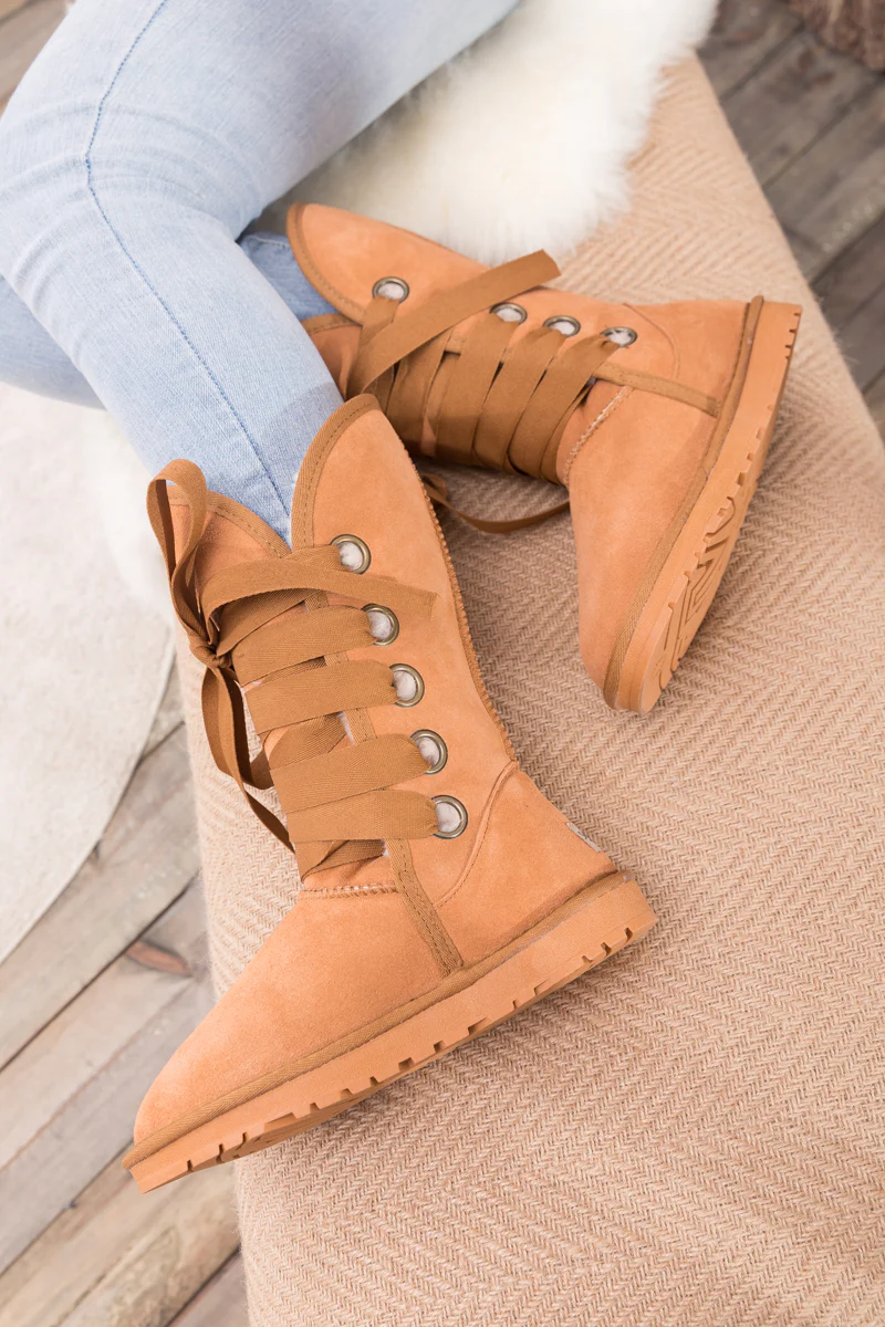 SMAIBULUN Ugg | Ribbon Lace-Up Faux Fur-lined Suede Boot - Chestnut - Image 2