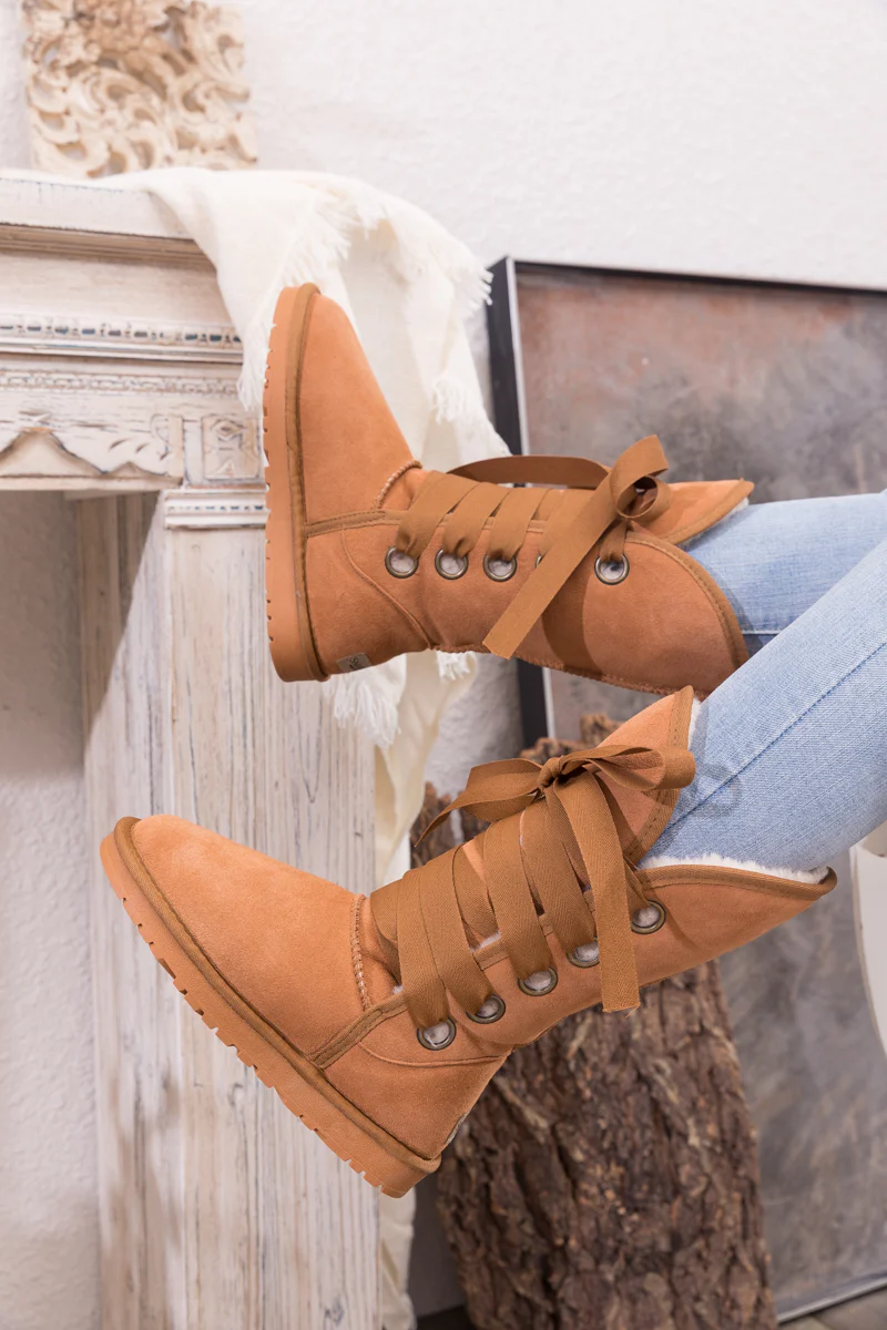 SMAIBULUN Ugg | Ribbon Lace-Up Faux Fur-lined Suede Boot - Chestnut - Image 5