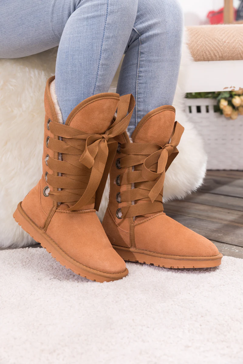 SMAIBULUN Ugg | Ribbon Lace-Up Faux Fur-lined Suede Boot - Chestnut - Image 6