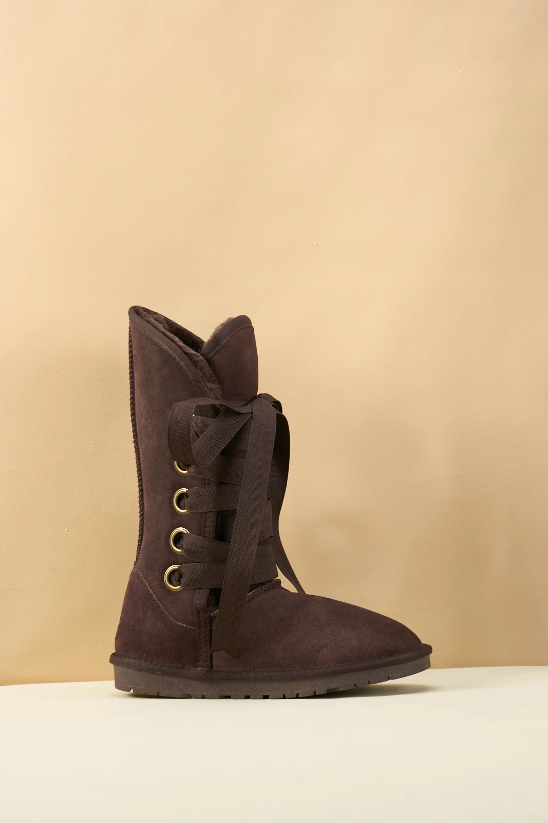 SMAIBULUN Ugg | Ribbon Lace-Up Faux Fur-lined Suede Boot - Chocolate - Image 10
