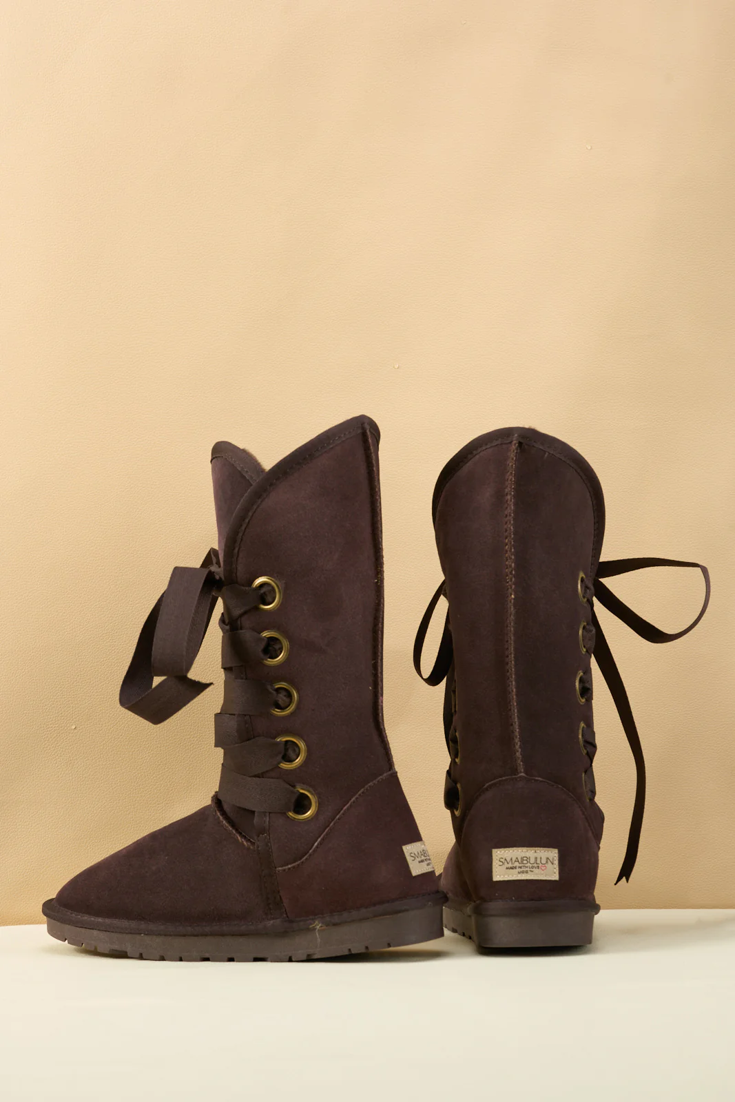 SMAIBULUN Ugg | Ribbon Lace-Up Faux Fur-lined Suede Boot - Chocolate - Image 11