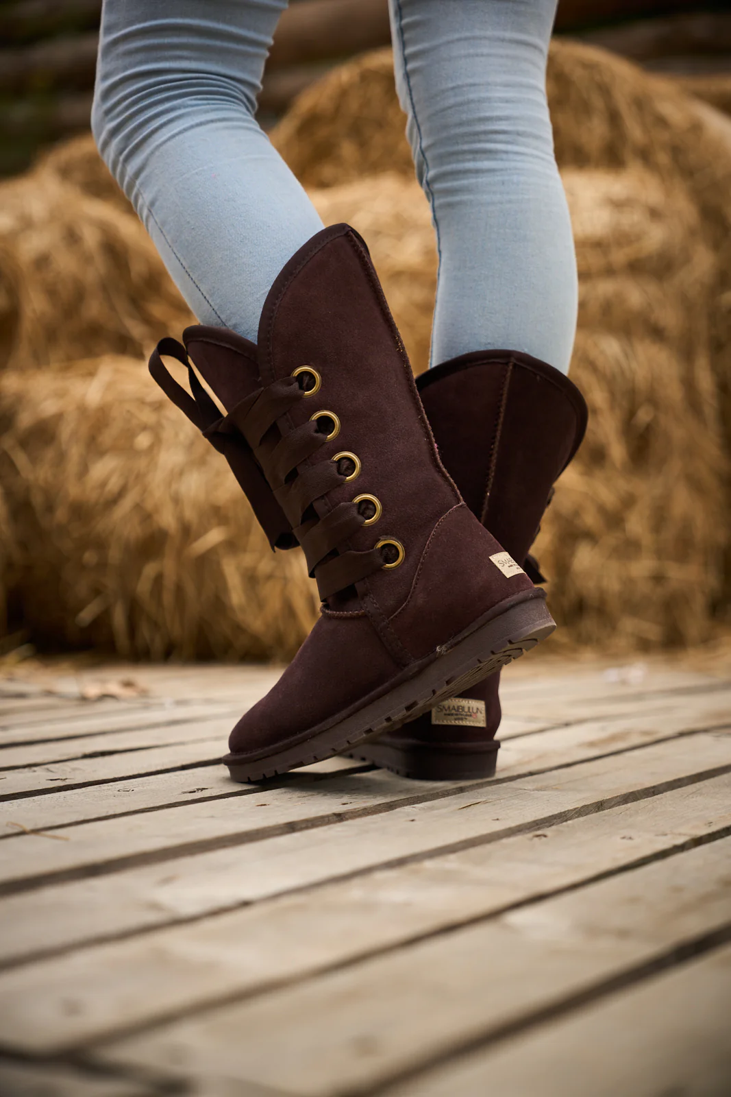 SMAIBULUN Ugg | Ribbon Lace-Up Faux Fur-lined Suede Boot - Chocolate - Image 5