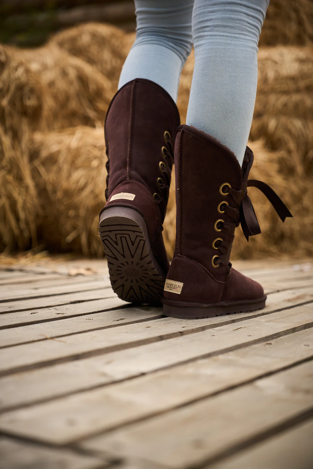 SMAIBULUN Ugg | Ribbon Lace-Up Faux Fur-lined Suede Boot - Chocolate - Image 6