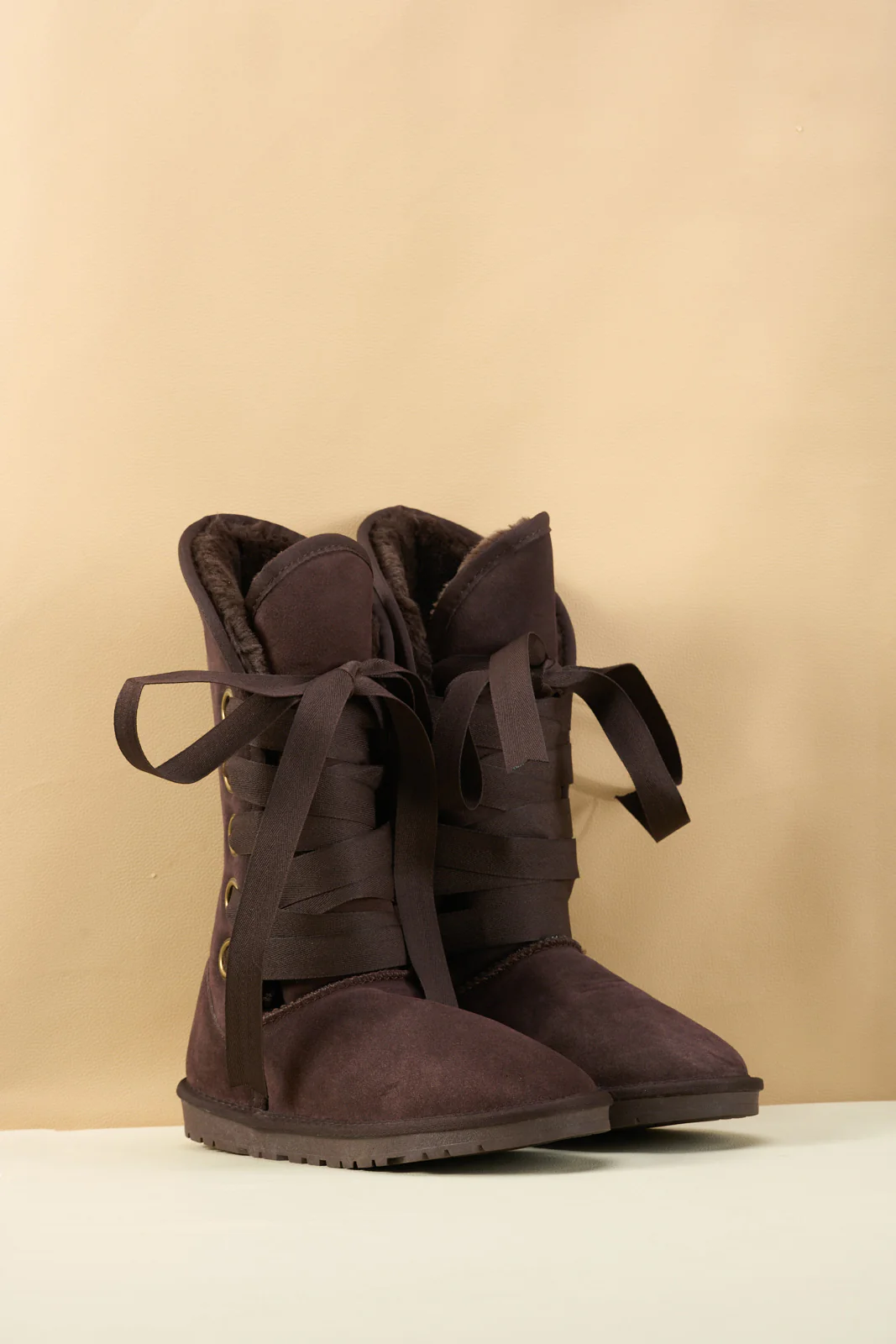 SMAIBULUN Ugg | Ribbon Lace-Up Faux Fur-lined Suede Boot - Chocolate - Image 8