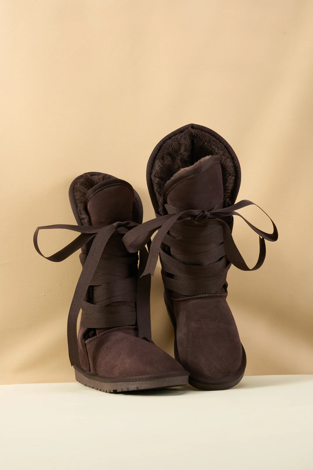 SMAIBULUN Ugg | Ribbon Lace-Up Faux Fur-lined Suede Boot - Chocolate - Image 9