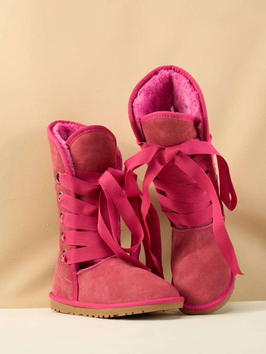 SMAIBULUN Ugg | Ribbon Lace-Up Faux Fur-lined Suede Boot - Fuchsia - Image 10