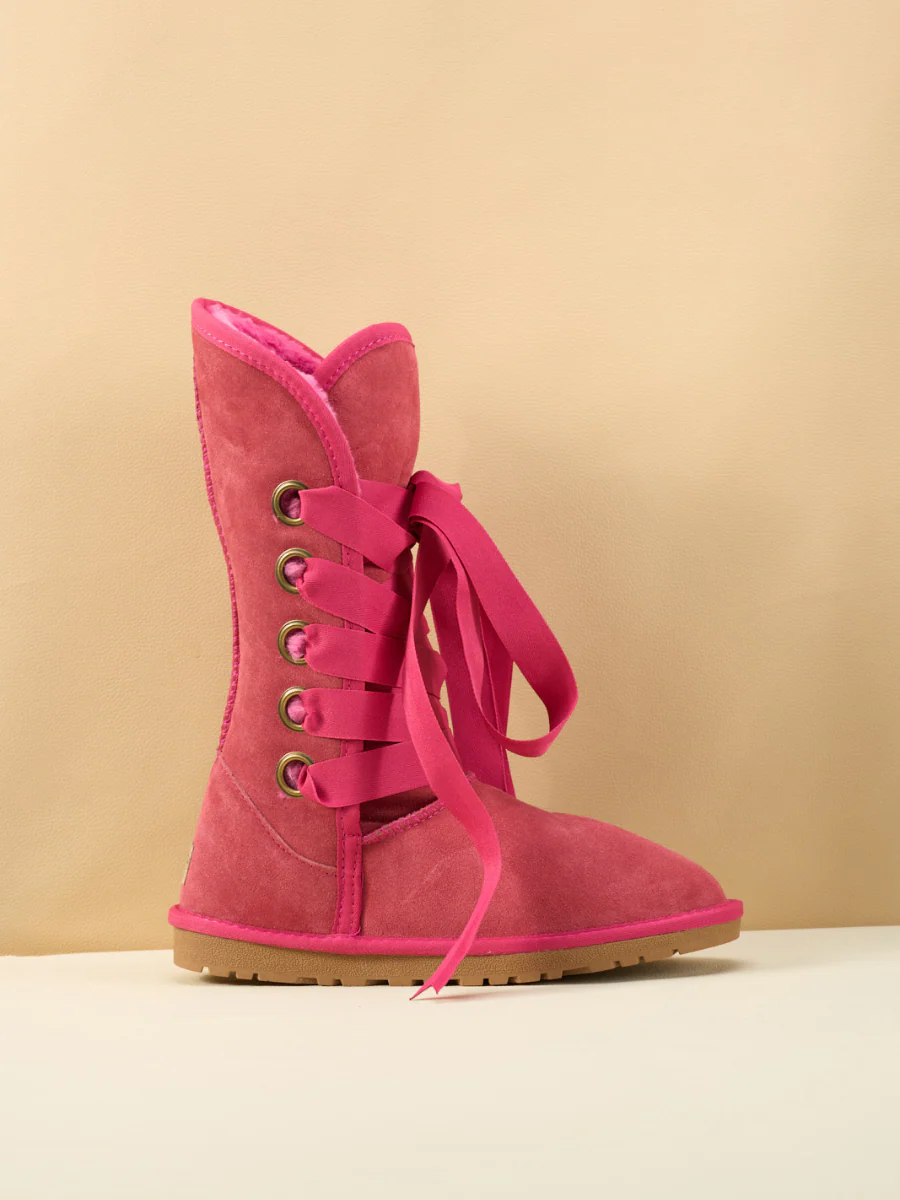 SMAIBULUN Ugg | Ribbon Lace-Up Faux Fur-lined Suede Boot - Fuchsia - Image 11