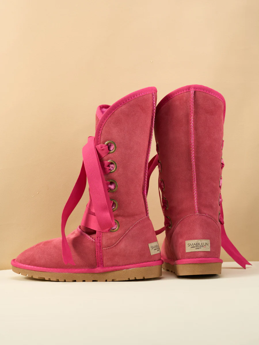 SMAIBULUN Ugg | Ribbon Lace-Up Faux Fur-lined Suede Boot - Fuchsia - Image 12