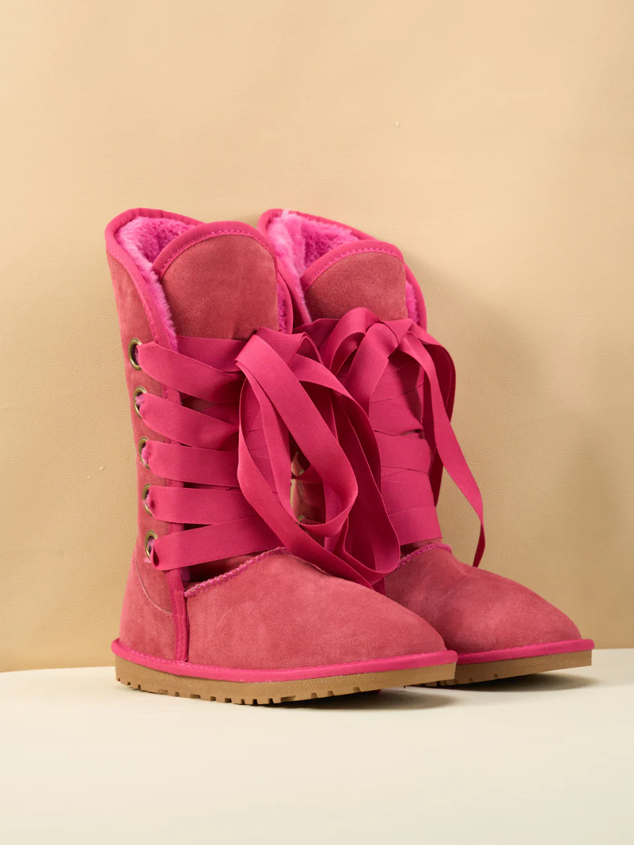 SMAIBULUN Ugg | Ribbon Lace-Up Faux Fur-lined Suede Boot - Fuchsia - Image 9