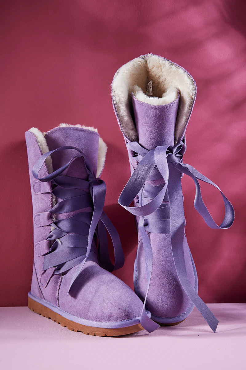 SMAIBULUN Ugg | Ribbon Lace-Up Faux Fur-lined Suede Boot - Lavender - Image 8