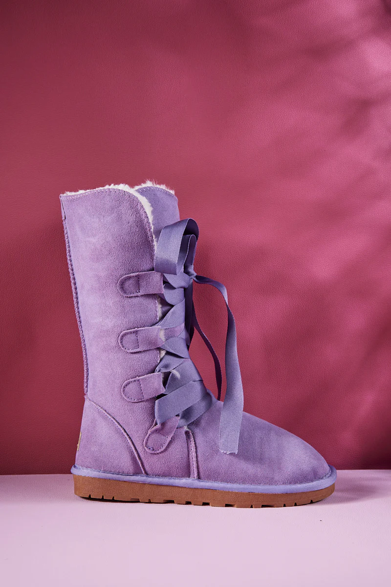 SMAIBULUN Ugg | Ribbon Lace-Up Faux Fur-lined Suede Boot - Lavender - Image 9